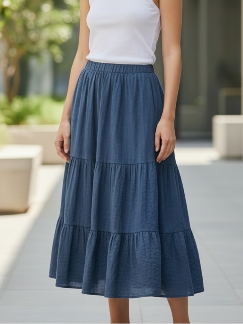 Chaps Navy Tiered Maxi Skirt with Elastic Waist